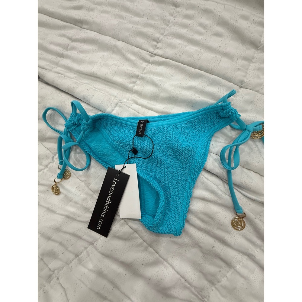 Love and Bikinis Chloe Crinkle Side Tie Bikini Bottom Turquoise Blue Gold Charms